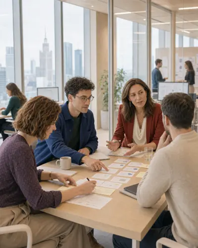 Client and Alquis team reviewing project priorities in a modern Warsaw office